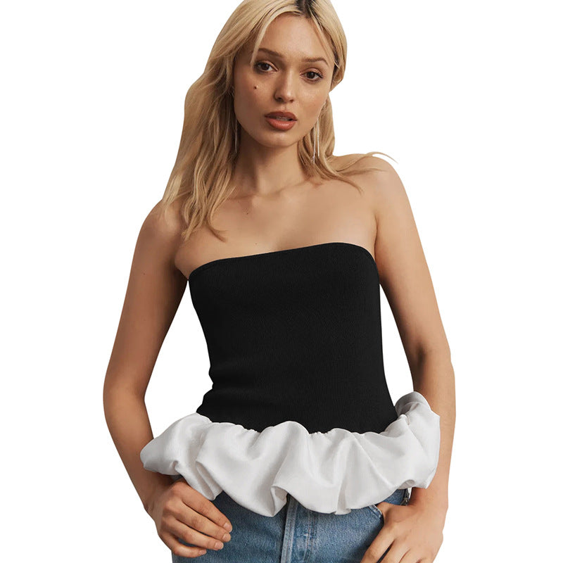 Color Block Bandeau Slim Patchwork Ruffle Top