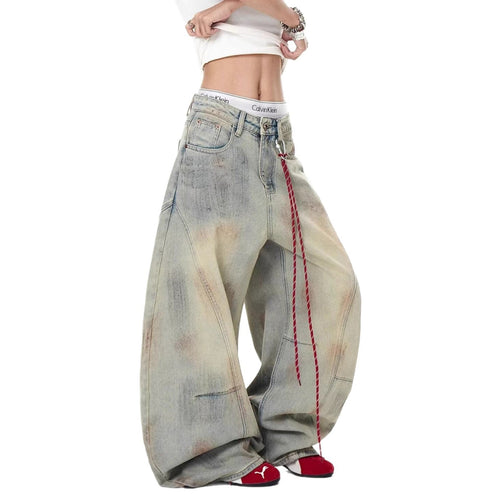 Washed High-Waisted Wide-Leg Rope-Detail Jeans