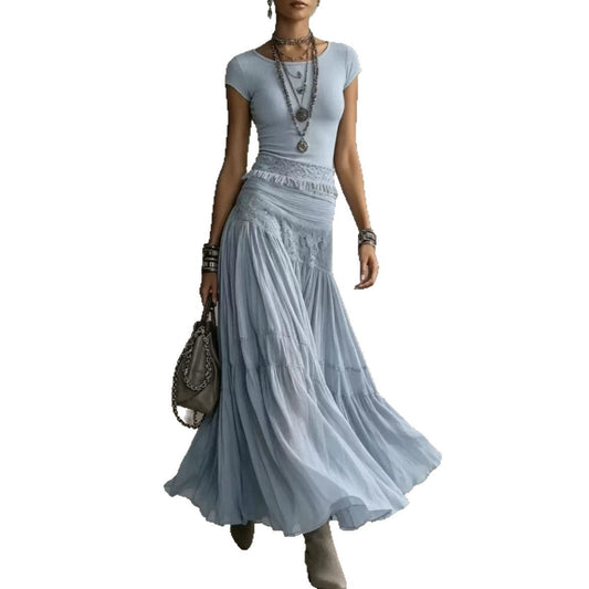Knit Top & Chiffon Maxi Skirt Two Piece Set