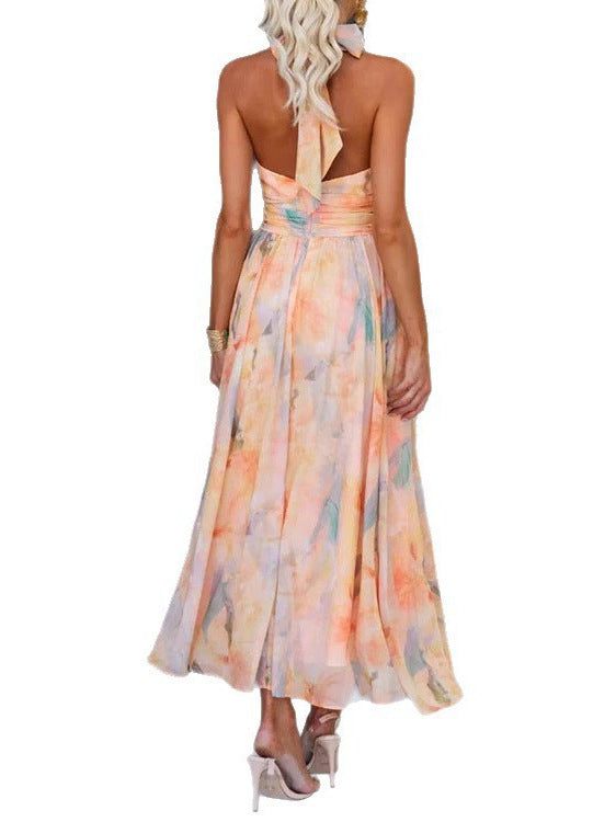 Pastel Abstract Print Halter-Neck Midi Dress