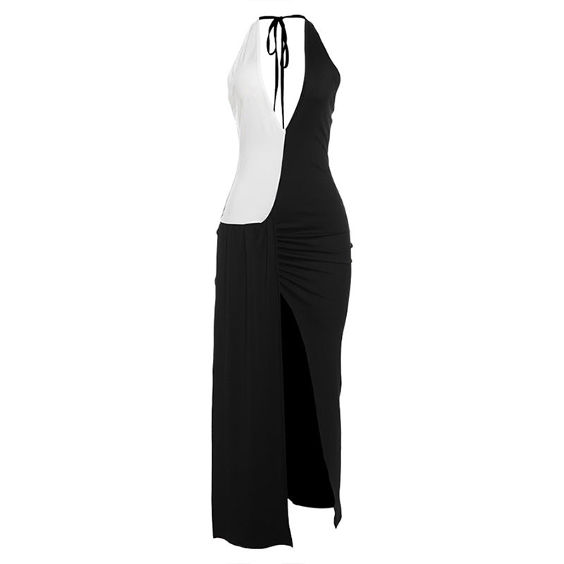 Black & White Color Block Slit Mesh Dress