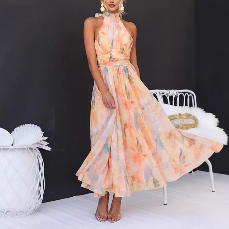 Pastel Abstract Print Halter-Neck Midi Dress
