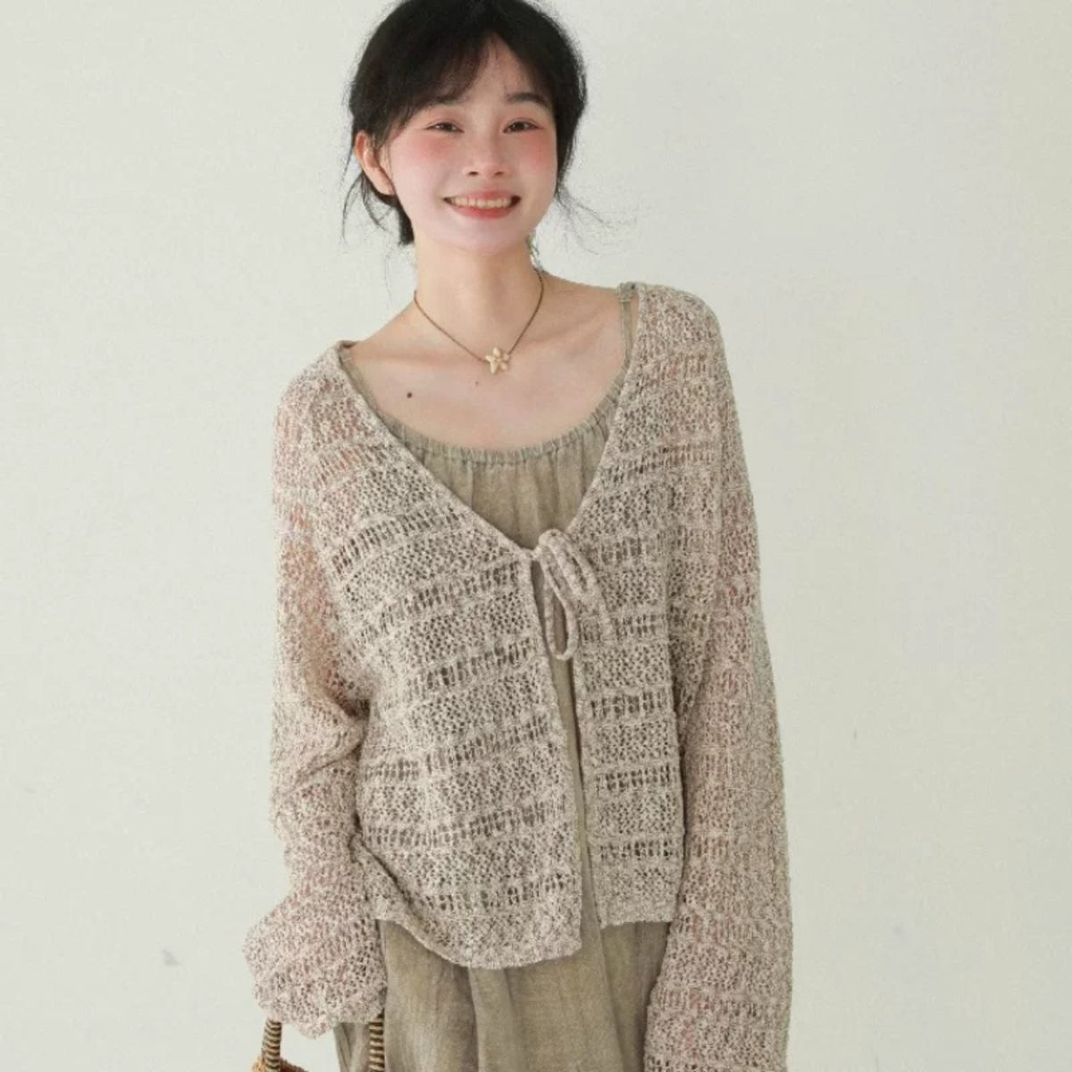 Hollow-out V-neck Lace-up Knit Cardigan For Women