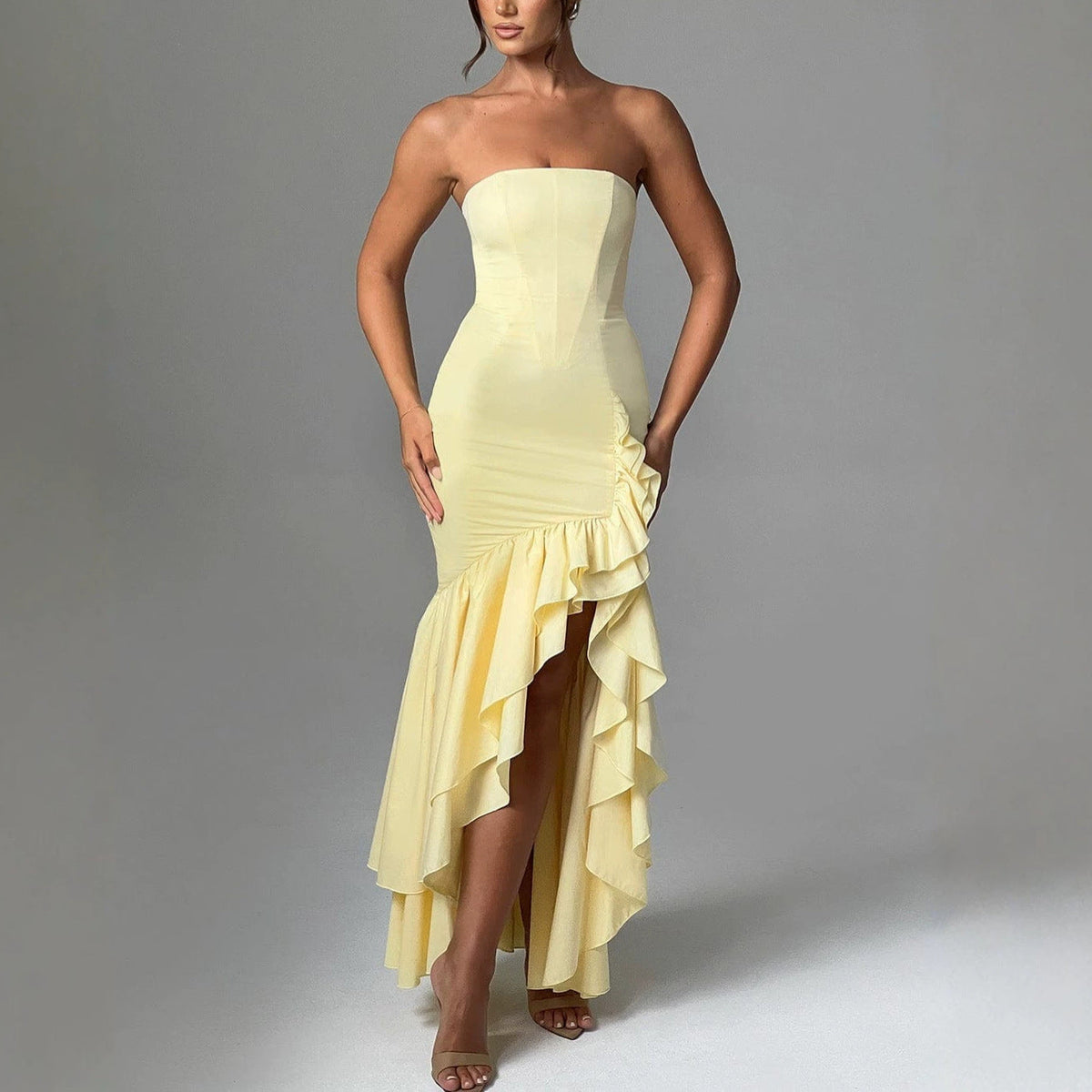 Strapless High-Low Ruffle Mermaid Evening Dress