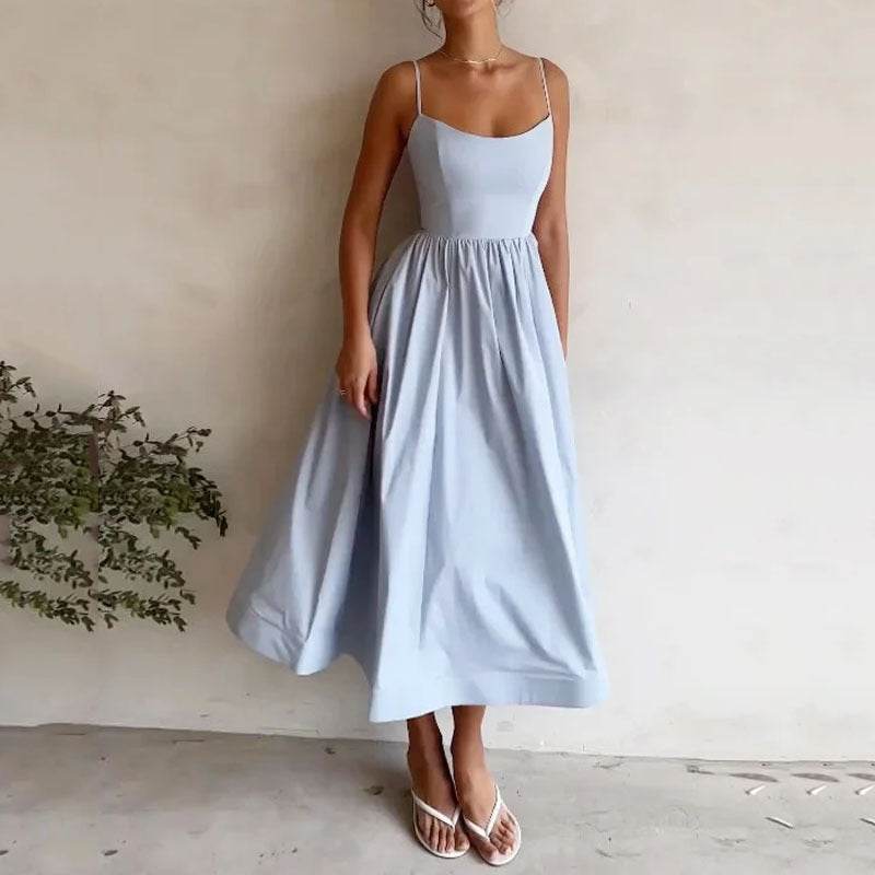 Square-Neck Spaghetti-Strap A-Line Midi Dress