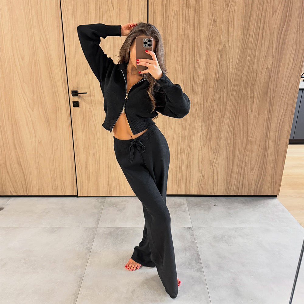 Zip-up Sweater Cardigan And Drawstring Knit Pants Set