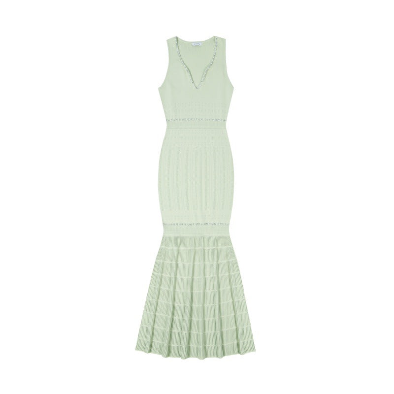 V-neck Sleeveless Beaded Mid-length Knitted Fishtail Dress