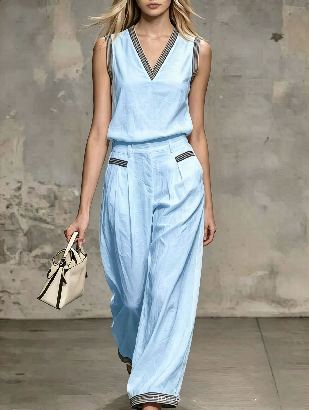 V-neck Vest Linen Sleeveless Top Wide-leg Pants