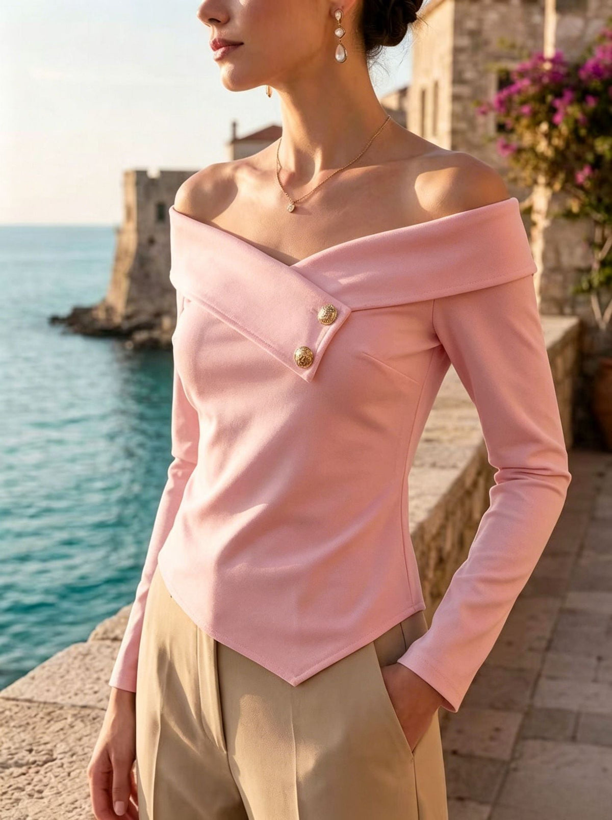 Off-Shoulder Fold-Over Collar Button-Detail Slim-Fit Top
